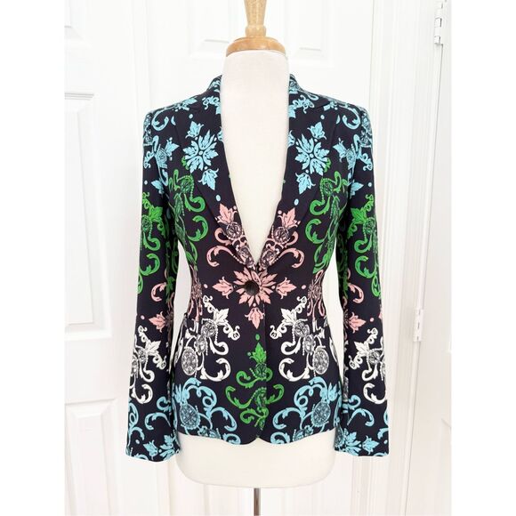 Escada Neiman Marcus‎ Coin Navy Blue Floral Silk Blend Blazer Size 36 S - Picture 1 of 8